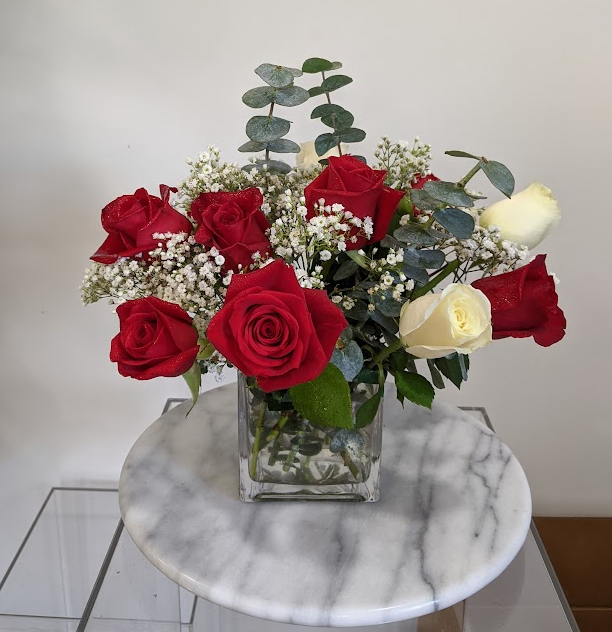 Red & White Rose Cube Arrangement (10 Roses) | Sympathy & Holiday Flowers | Charlotte, NC