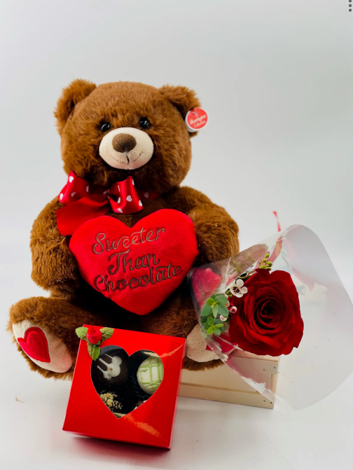 Spectacular Single Rose with Teddy bear and chocolate truffles